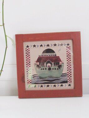 Vintage Noahs Ark Framed Folk Art Wall Decor - Red Wooden Frame - Cottagecore